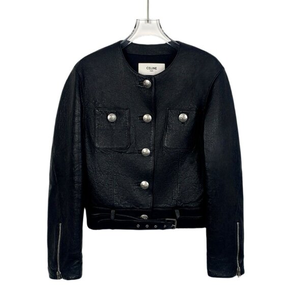 Celine Womens Black Lambskin Leather Buttoned Jacket With Belt & Zipper Details - Picture 1 of 8